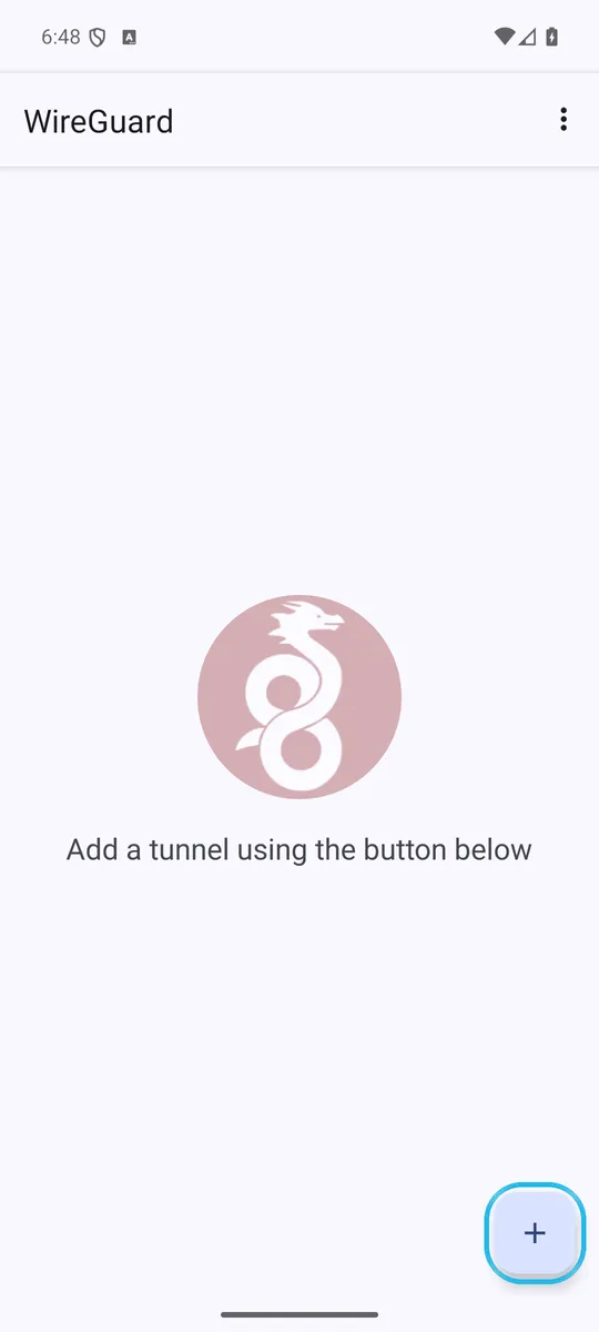 WireGuard with no tunnels yet, and the + button highlighted