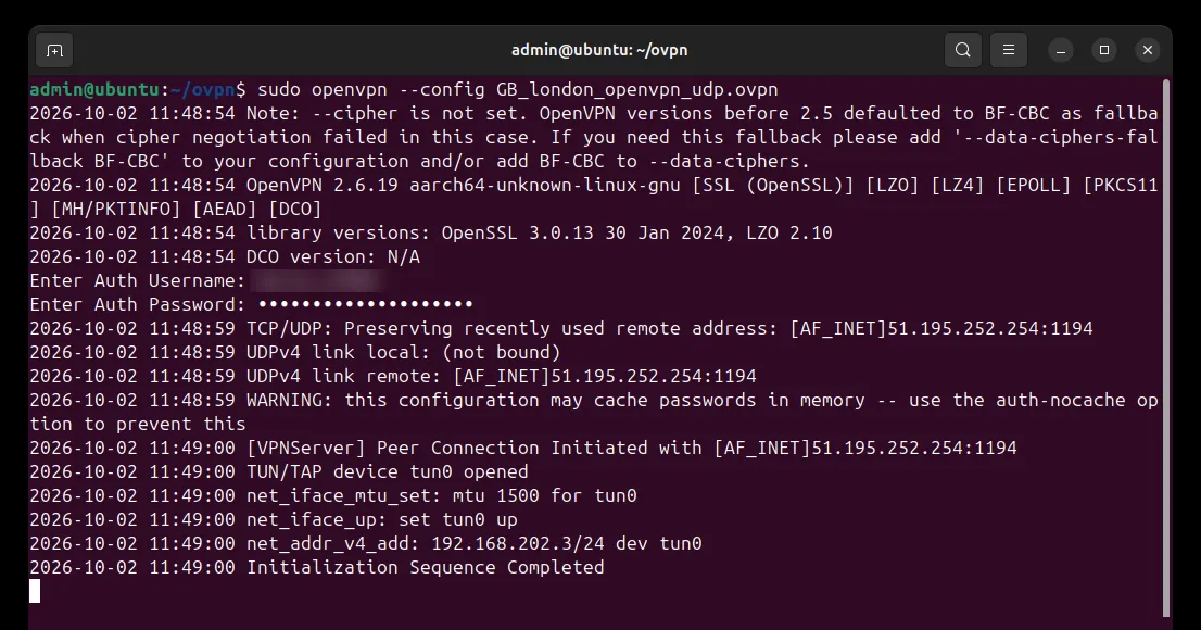 Terminal: sudo openvpn --config GB_london_openvpn_udp.ovpn asks for the auth username and password, connects to the server and prints Initialization Sequence Completed