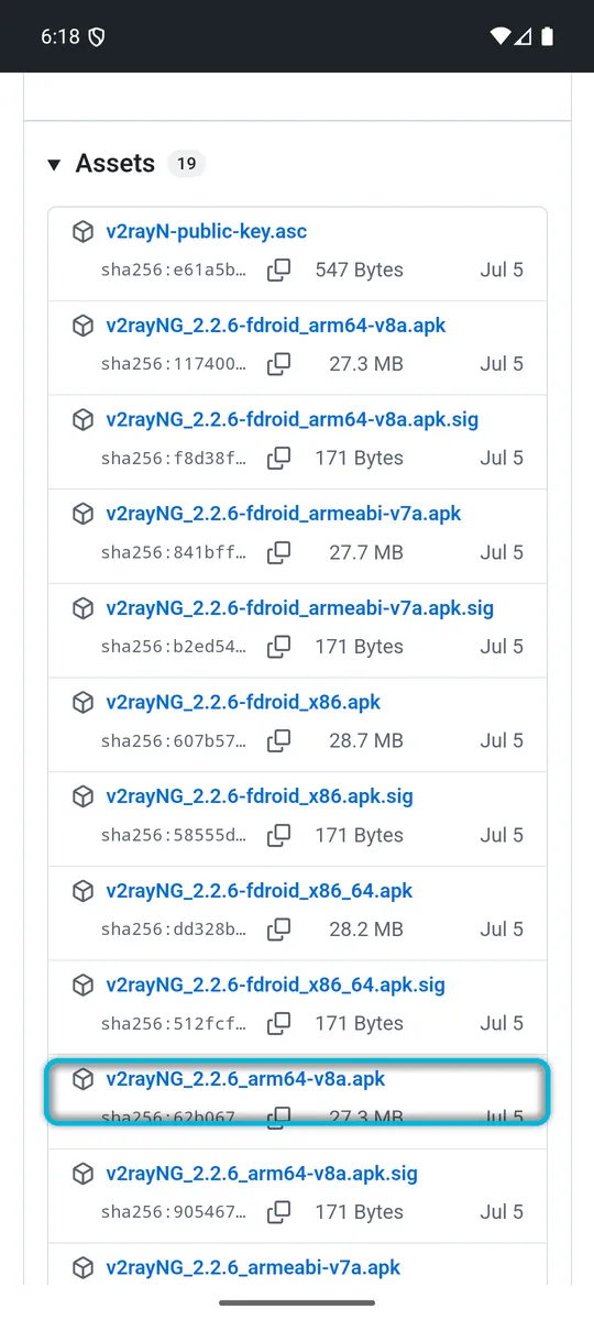 The Assets list on GitHub, with the arm64-v8a APK highlighted