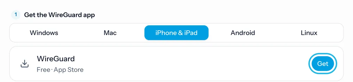 Step 1 of the WireGuard page, with iPhone & iPad chosen and the Get button highlighted