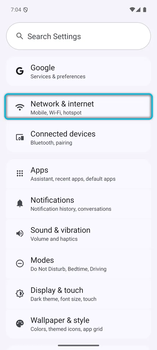 Android Settings, with Network & internet highlighted