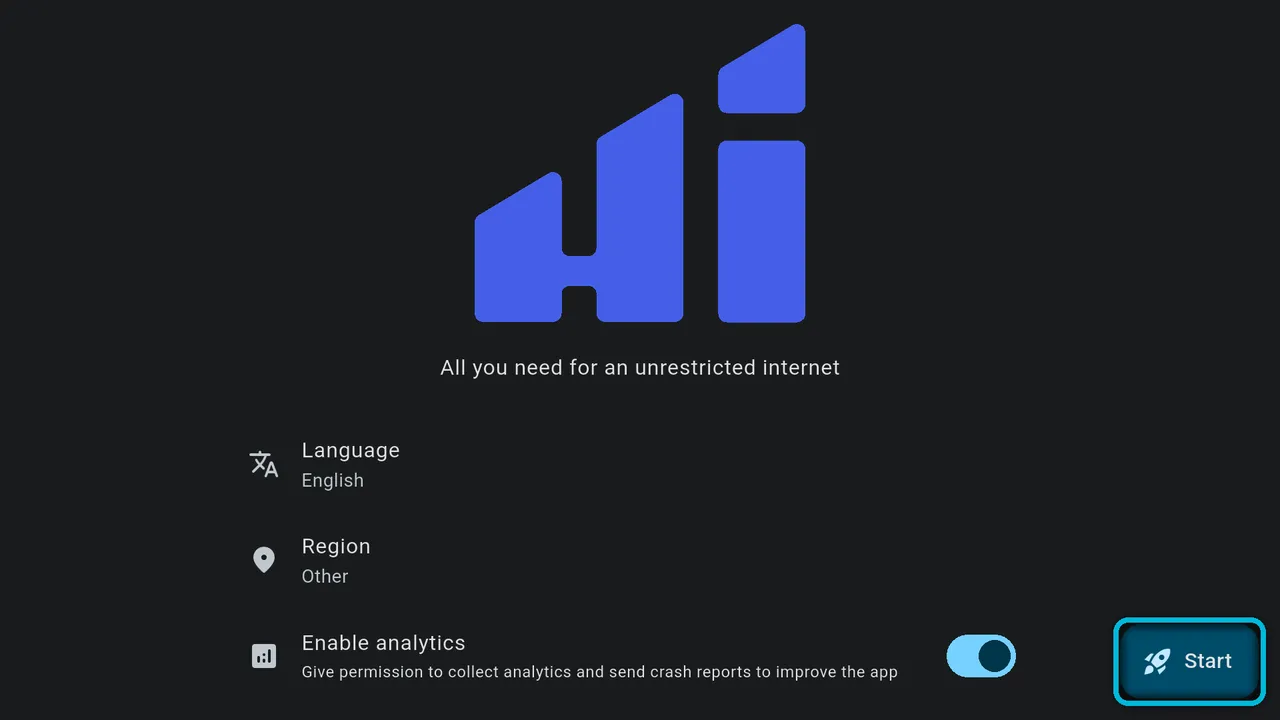 Hiddify's welcome screen, with the Start button highlighted
