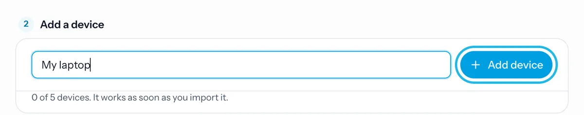 Step 2 of the WireGuard page, with a device name typed in and Add device highlighted