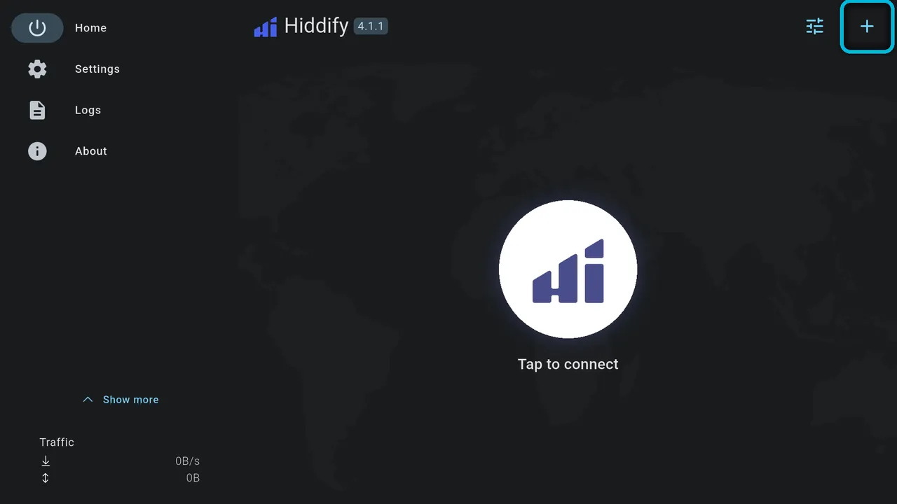 Hiddify's home screen, with the + button highlighted