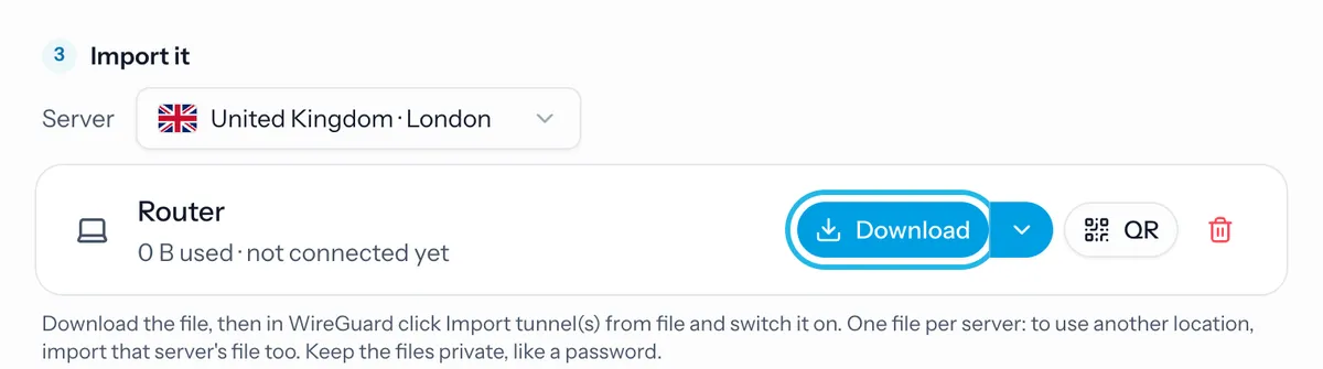Step 3 of the WireGuard page, with London chosen and the Download button on the Router row highlighted