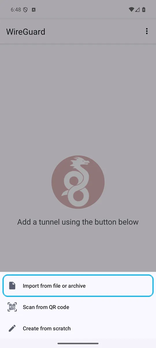 The add menu, with Import from file or archive highlighted