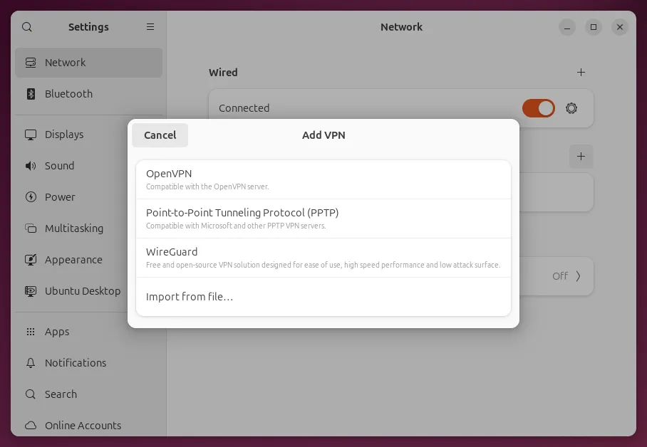 Add VPN, with Import from file at the bottom of the list