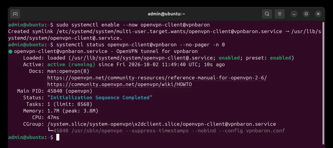 Terminal: systemctl enable --now openvpn-client@vpnbaron, then systemctl status shows the service active (running) with status Initialization Sequence Completed