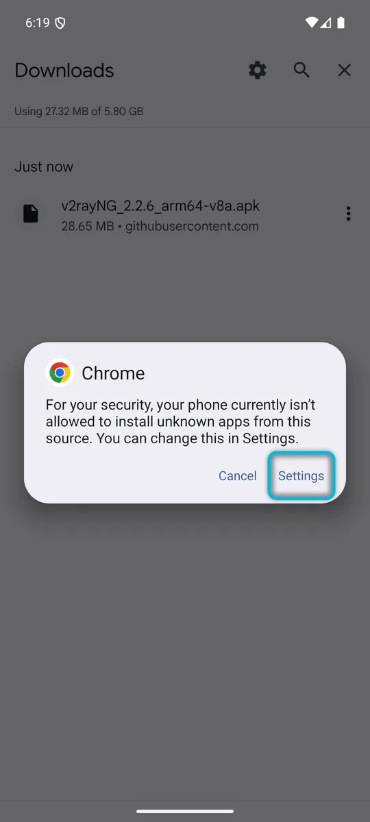 Android's unknown-apps message, with Settings highlighted