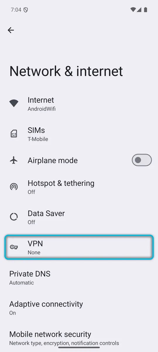 Network & internet, with VPN highlighted