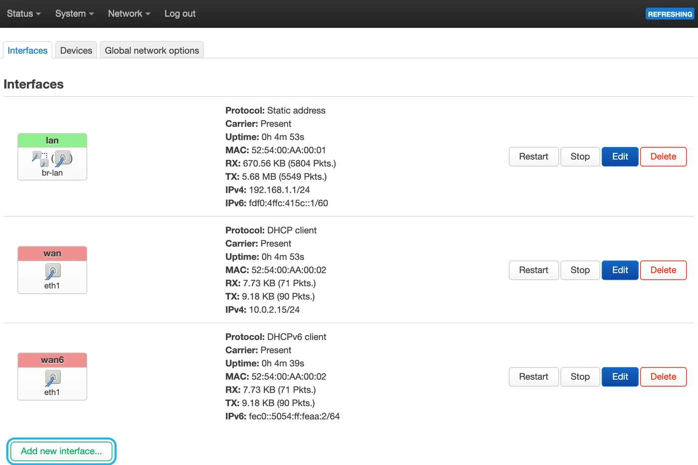Network → Interfaces in LuCI, with Add new interface… highlighted