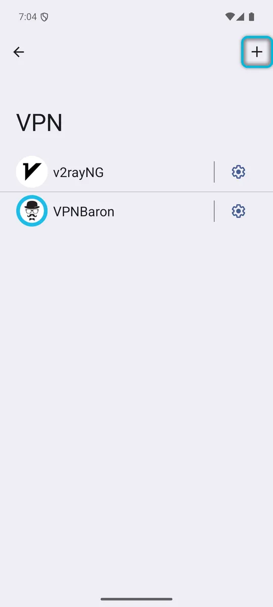 The VPN screen, with the + button highlighted