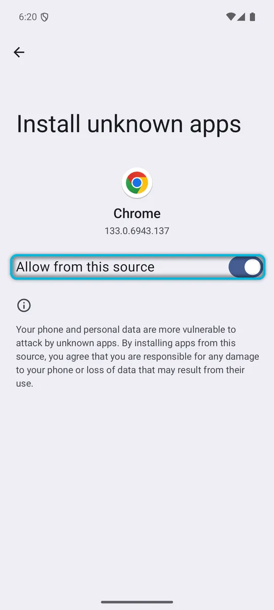 Install unknown apps for Chrome, with Allow from this source switched on