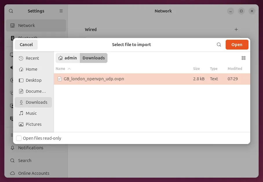 Select file to import, with the downloaded config selected in Downloads