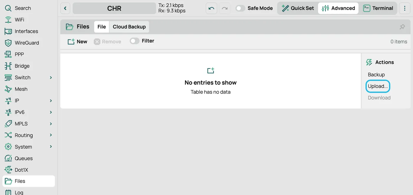 The Files page in WebFig, with Upload… highlighted