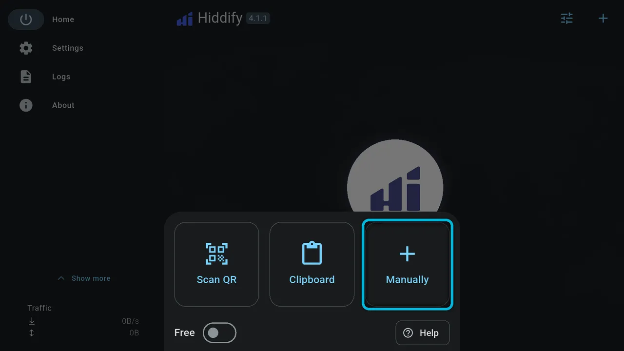 The Add profile options: Scan QR, Clipboard and Manually, with Manually highlighted