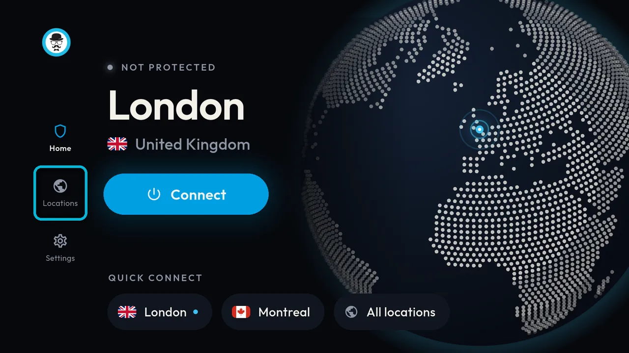 The home screen, with Locations highlighted