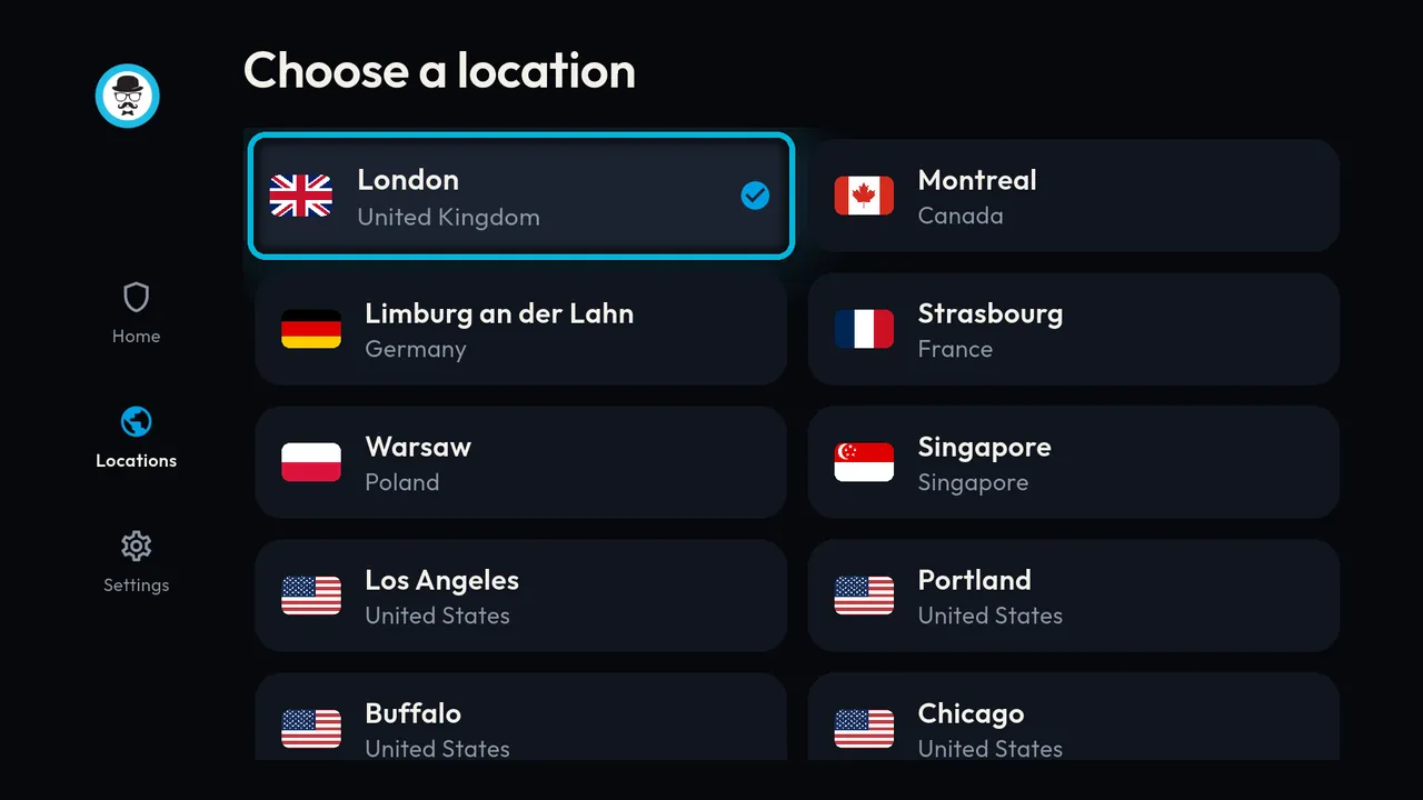 Choose a location, with London highlighted