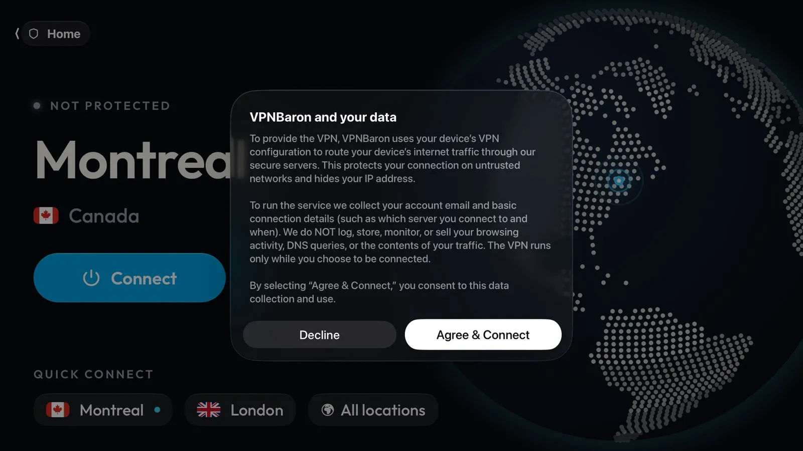 VPNBaron and your data, with Agree & Connect selected