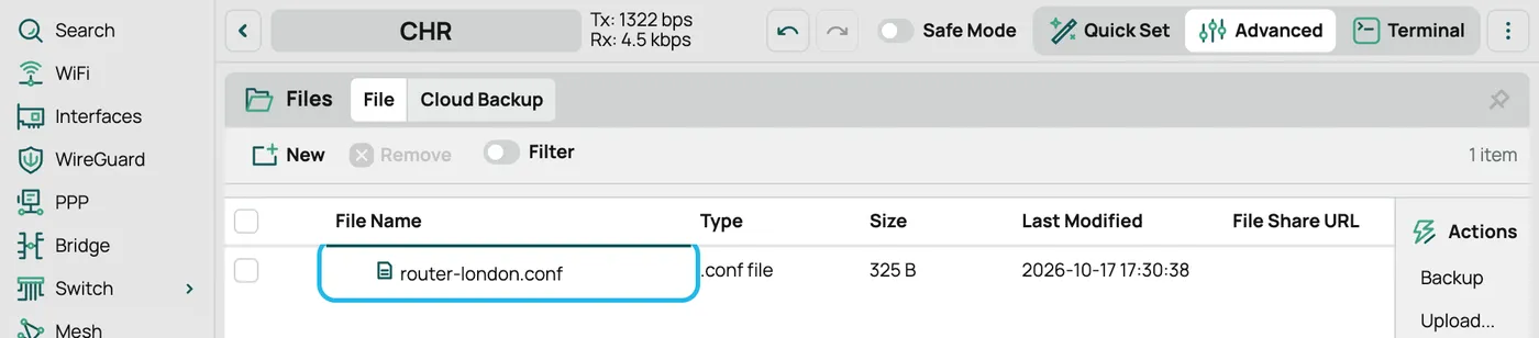 The Files page with router-london.conf in the list