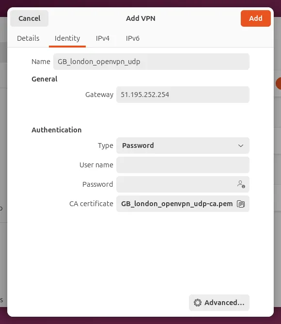 The Identity tab, with the User name and Password boxes