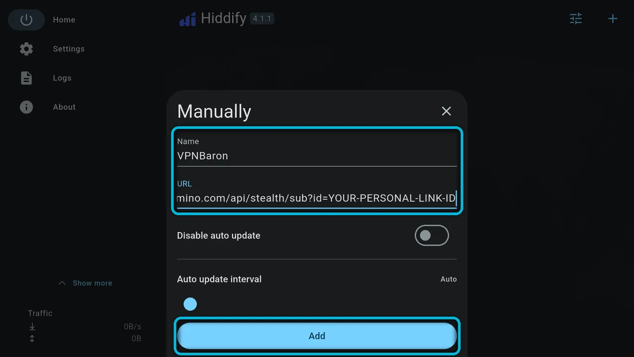 The Manually form with the name VPNBaron and a subscription link filled in, and the Add button highlighted