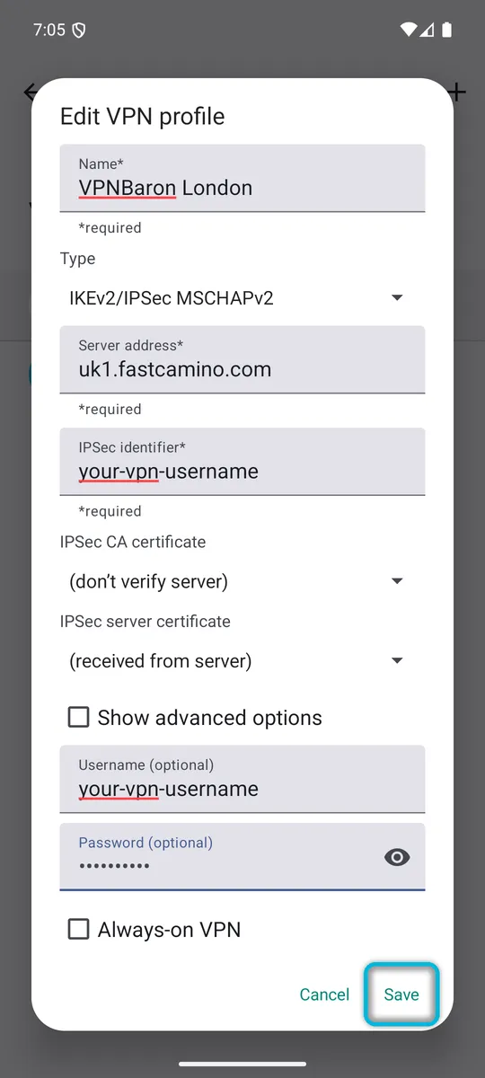 The completed VPN profile form, with Save highlighted