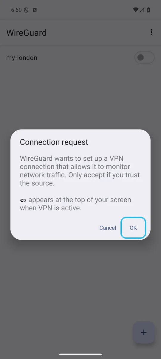 Android's Connection request, with OK highlighted