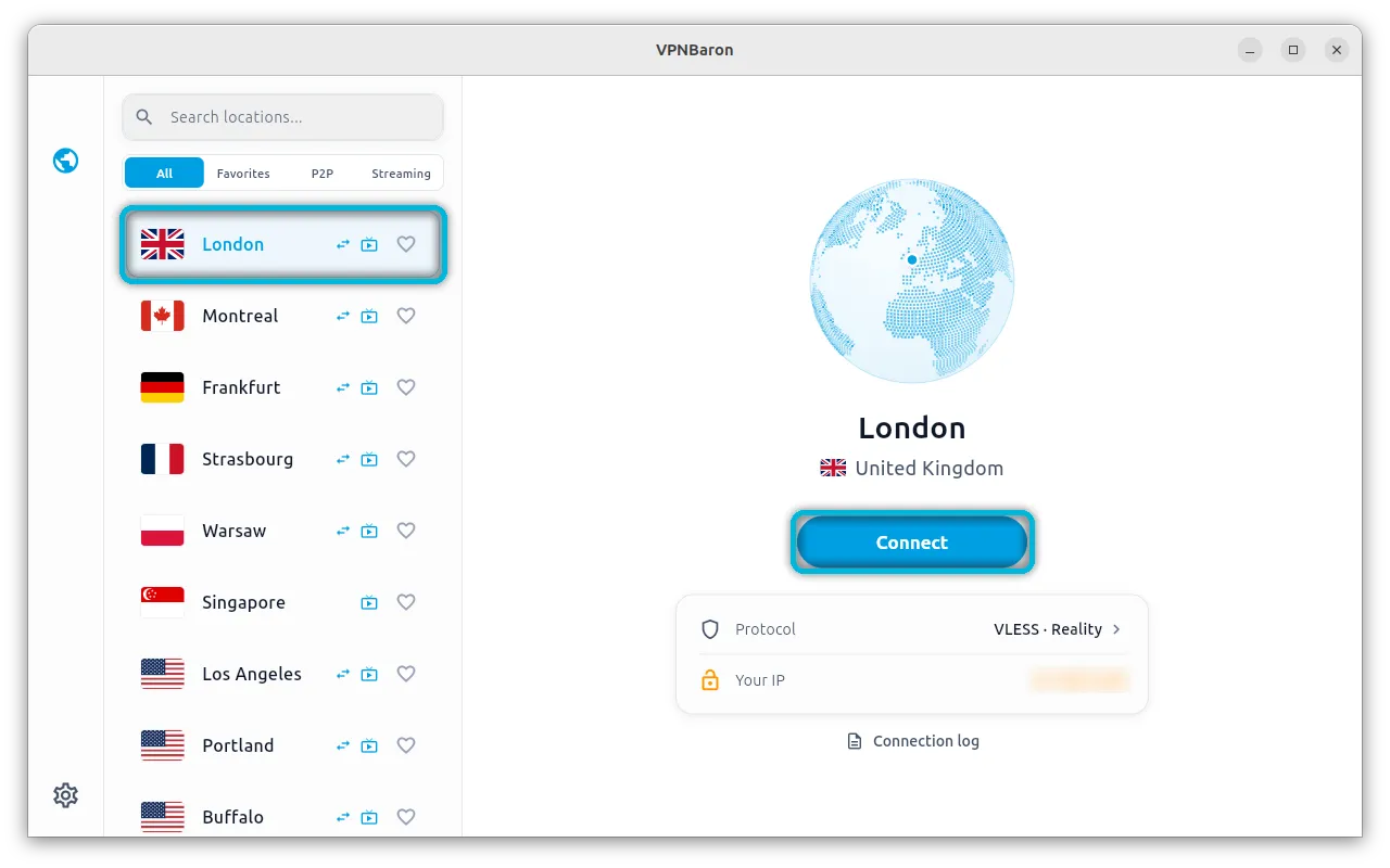 The home screen, with London and the Connect button highlighted
