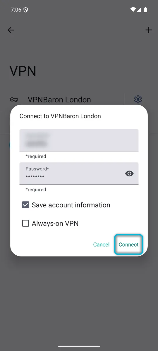 Connect to VPNBaron London, with the Connect button highlighted