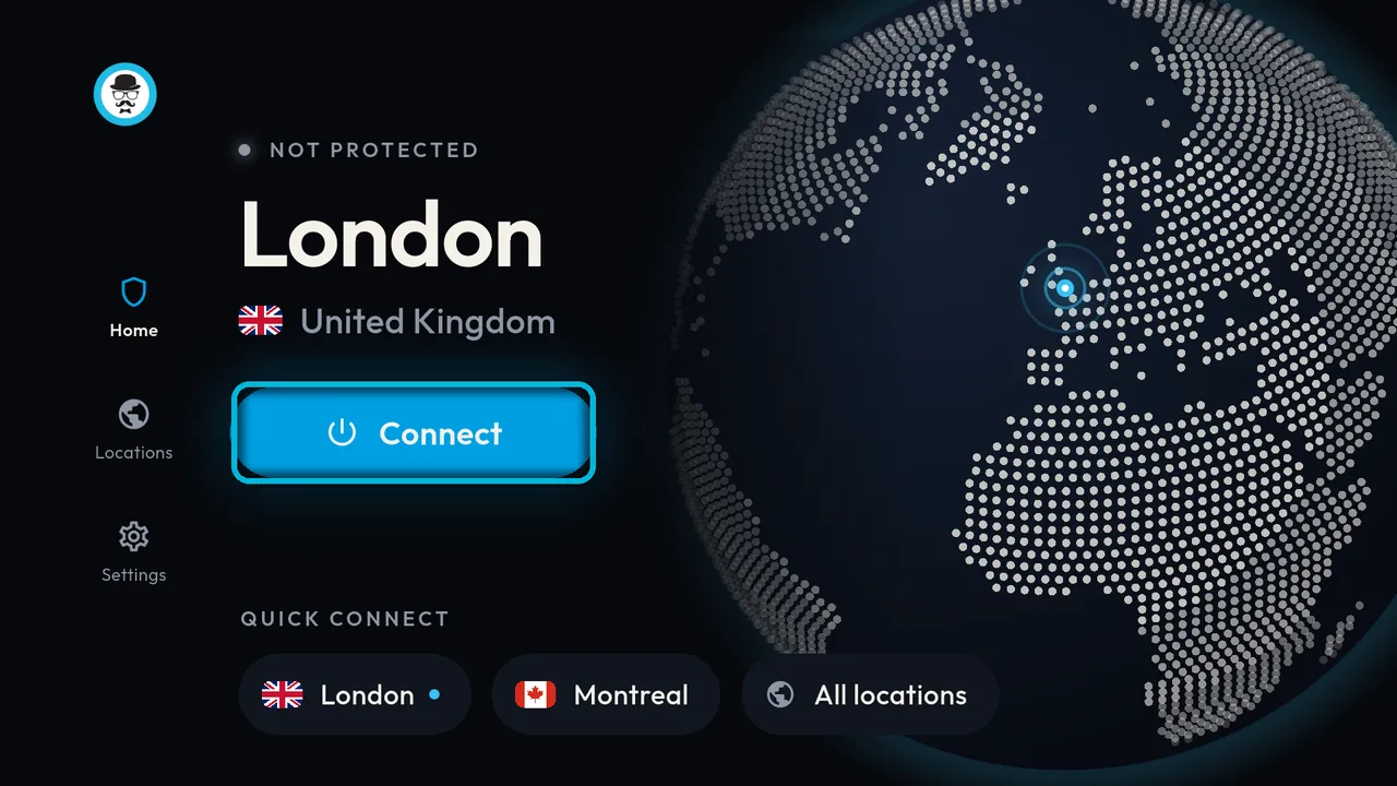The home screen, with the Connect button highlighted