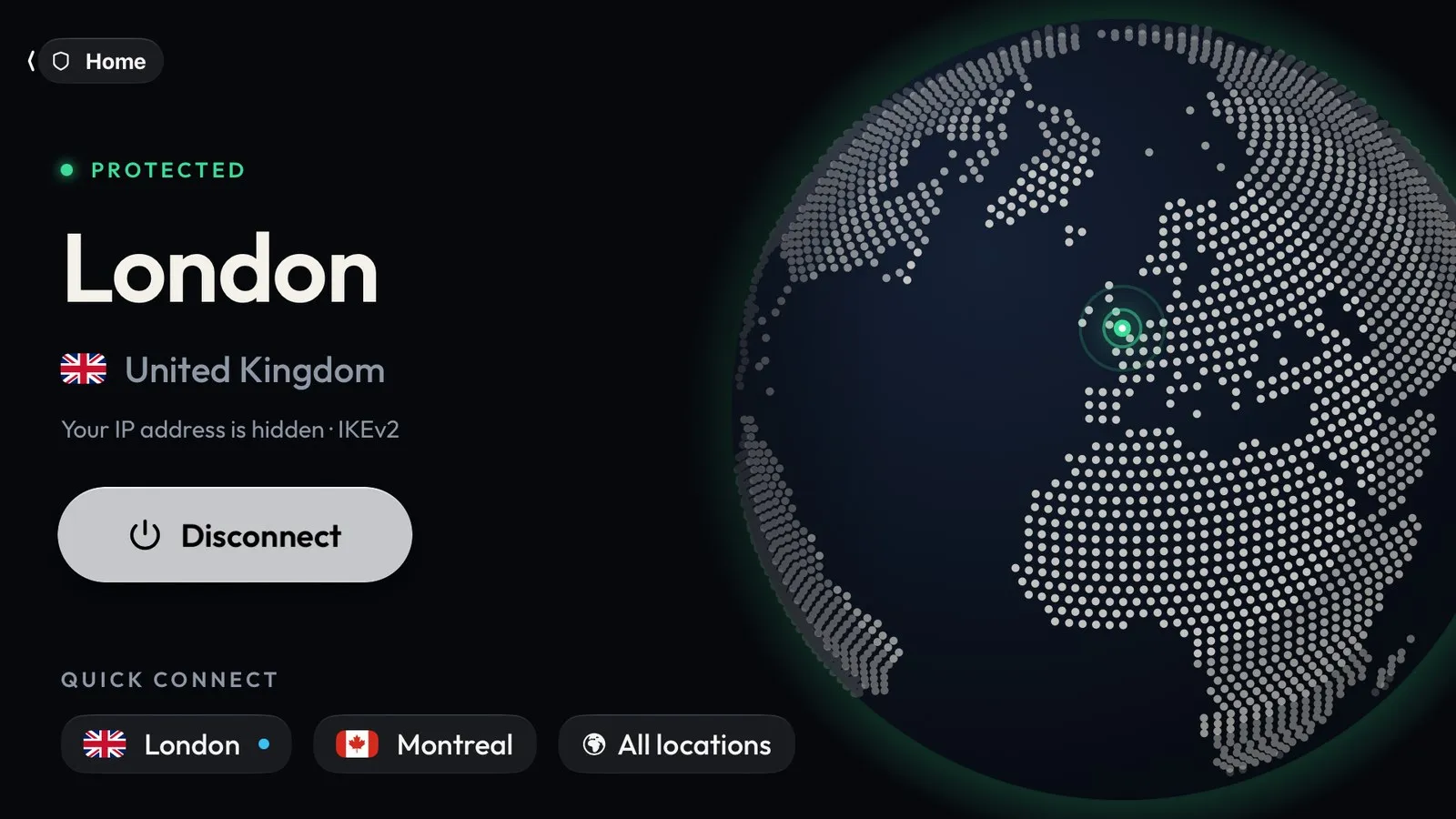 Connected to London: PROTECTED, Your IP address is hidden, IKEv2