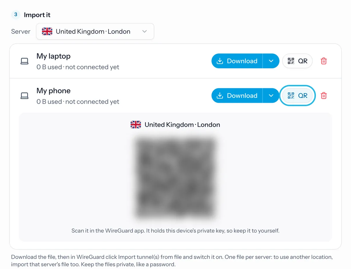 The QR code for a device, blurred here because it contains the device's private key