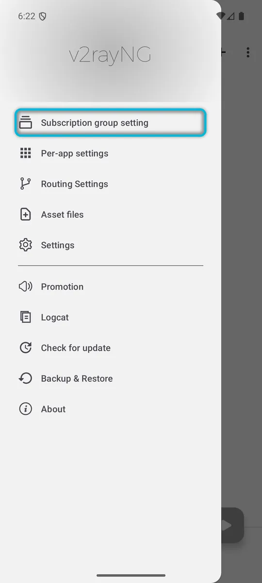 v2rayNG's menu, with Subscription group setting highlighted