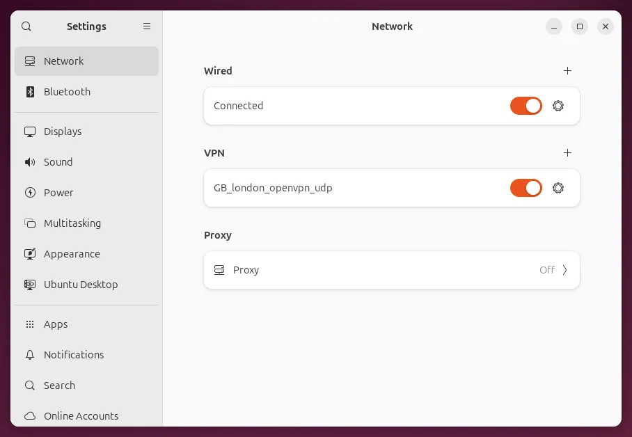 Network, with the VPN switched on
