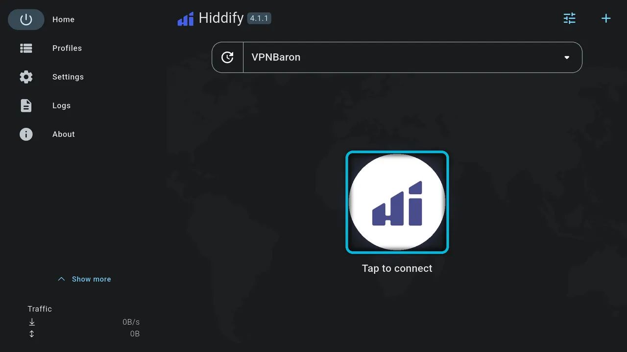 The VPNBaron profile added, with the connect button highlighted