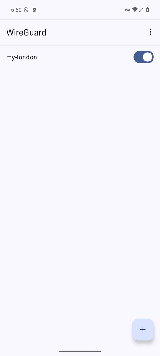The my-london tunnel switched on, with the VPN key icon in the status bar