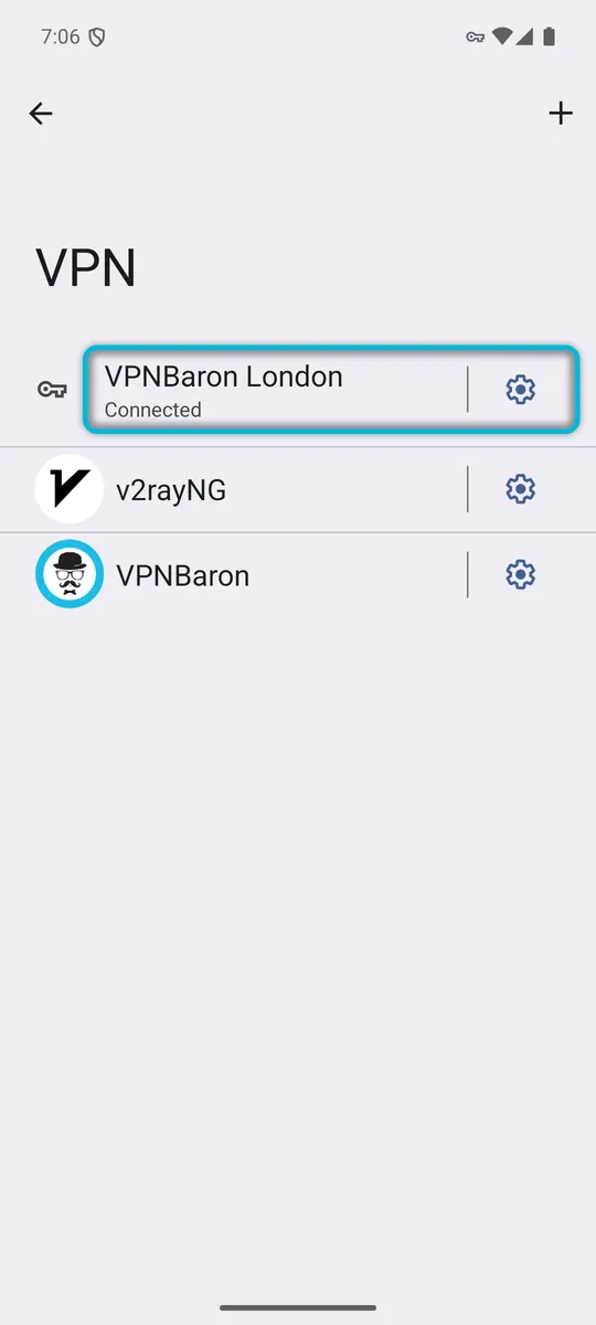 The VPN screen, with VPNBaron London marked Connected