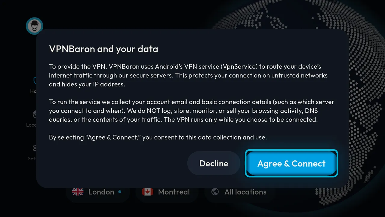 VPNBaron and your data, with Agree & Connect highlighted