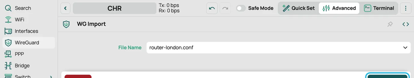 The WG Import dialog, with router-london.conf chosen and the WG Import button highlighted