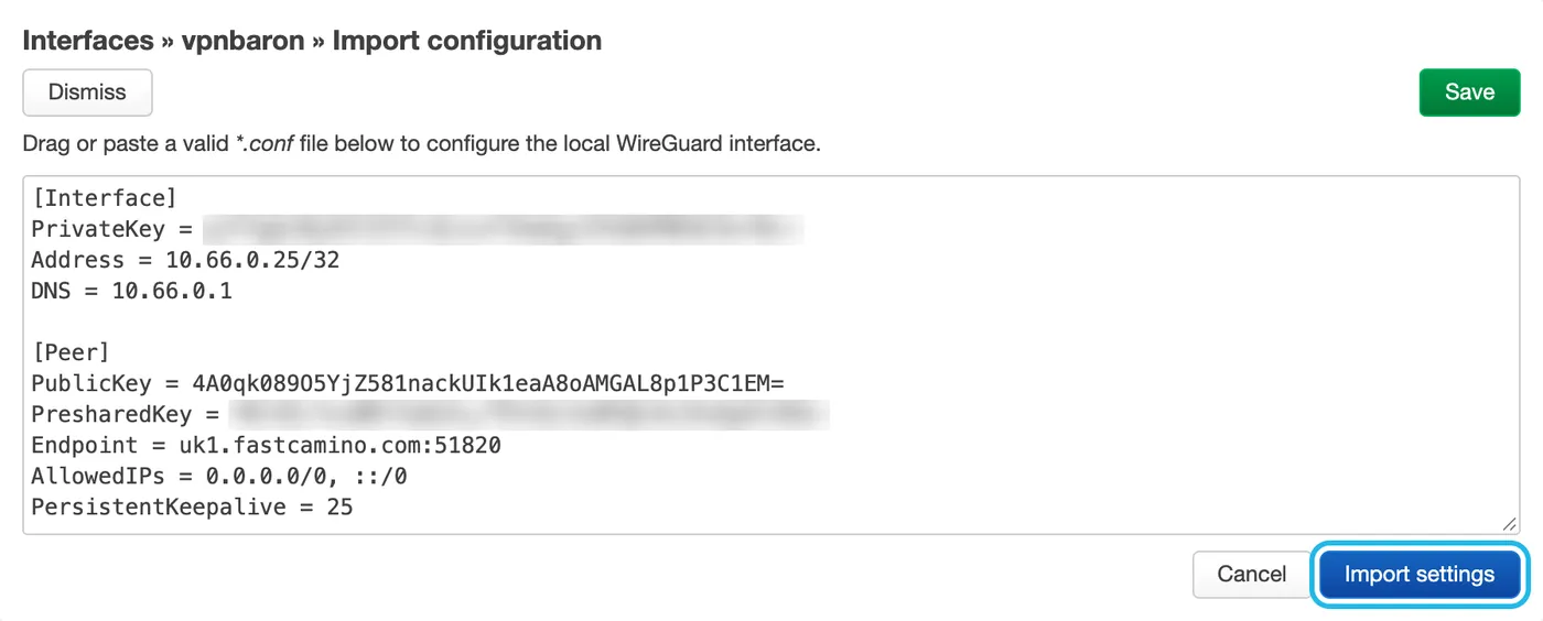 The Import configuration box with the file pasted in, the keys blurred, and Import settings highlighted