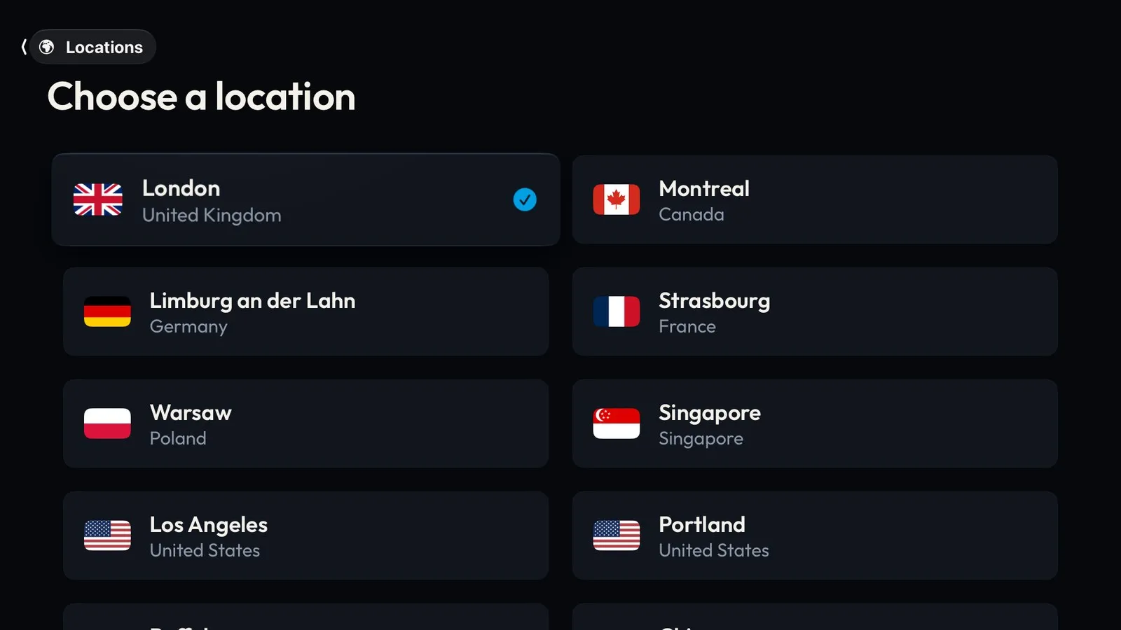 Choose a location, with London selected