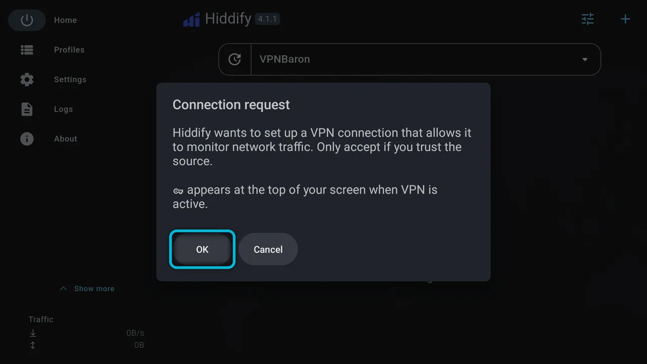 Android's Connection request dialog, with OK highlighted