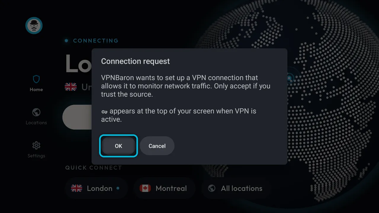 Android's Connection request, with OK highlighted