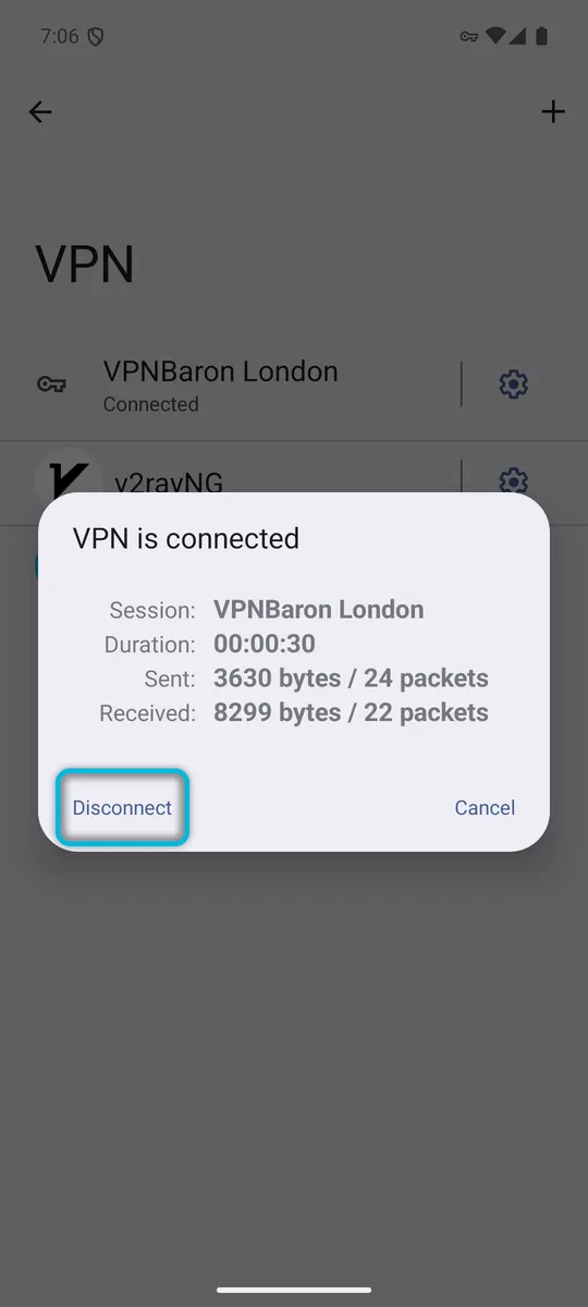 VPN is connected, with the Disconnect button highlighted