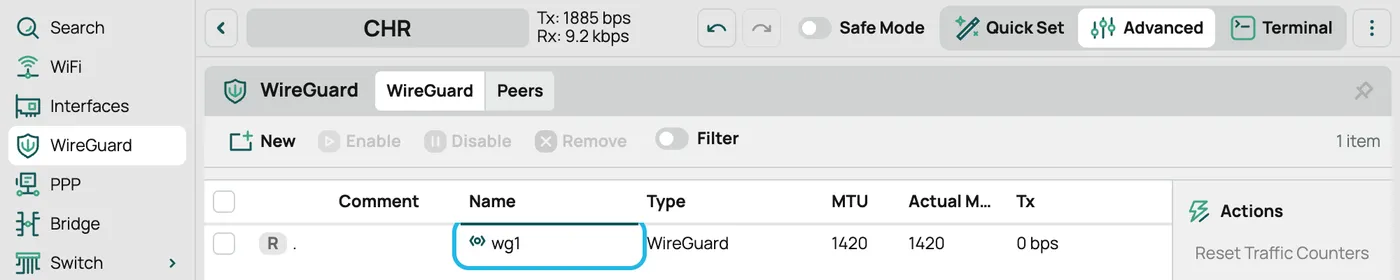 The WireGuard page with the new wg1 interface highlighted
