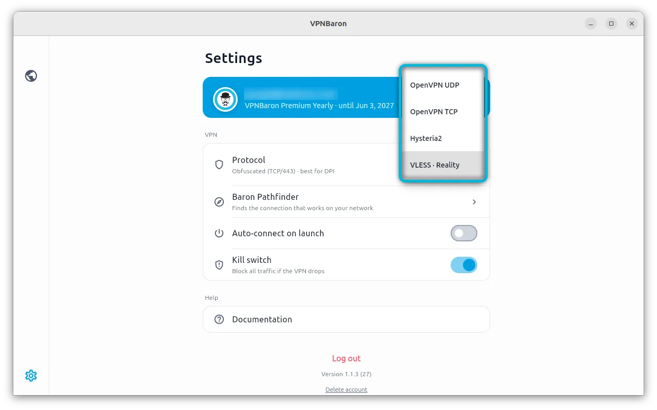 Settings, with the four protocols highlighted