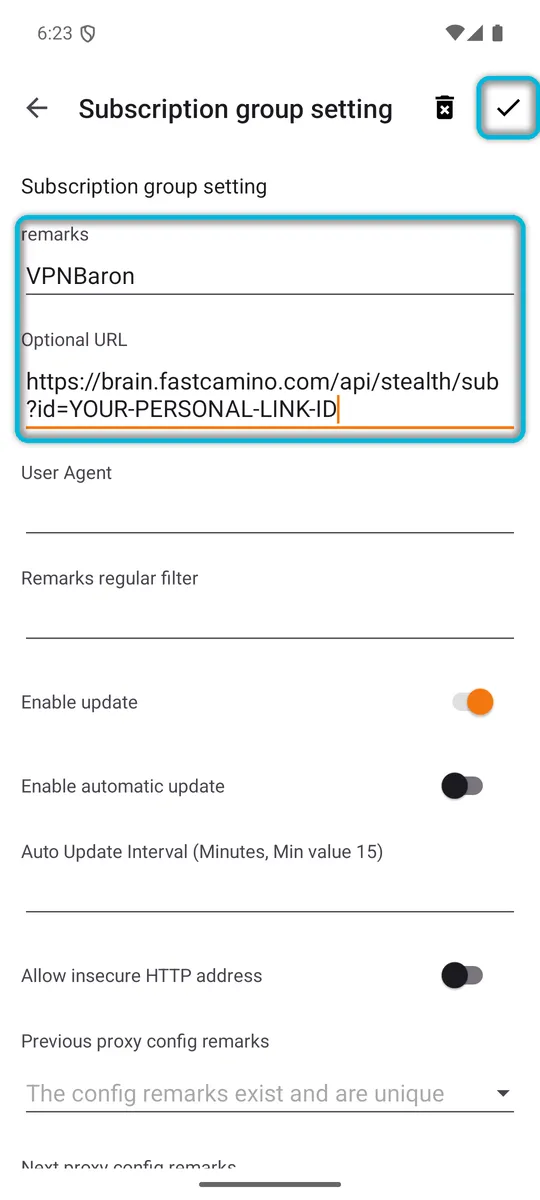 The subscription form with VPNBaron and a subscription link filled in, and the save button highlighted