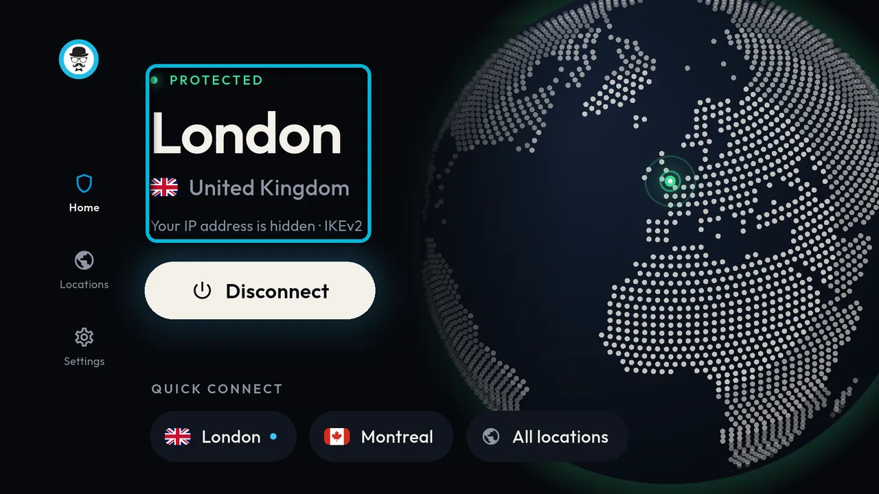Connected to London: PROTECTED, Your IP address is hidden, IKEv2