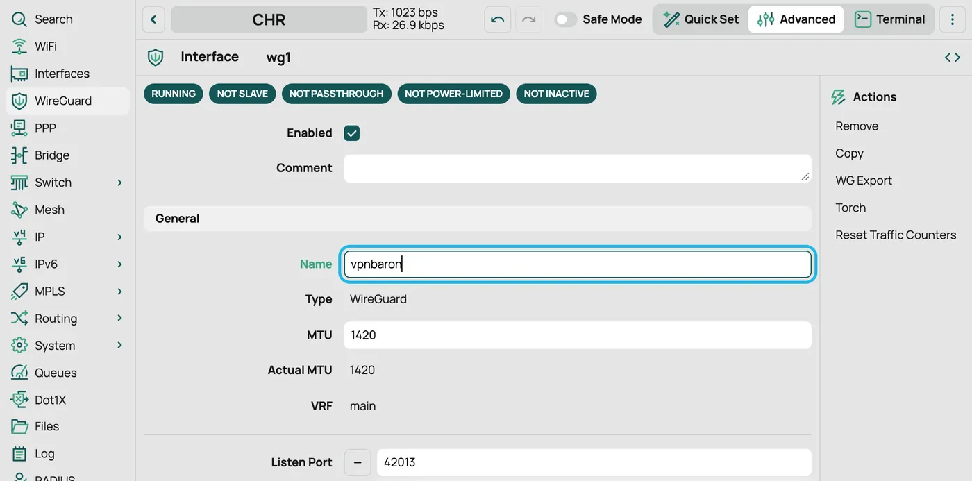 The interface's settings, with the name vpnbaron typed in and OK highlighted